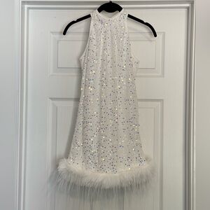 Girls White Sequin Halter Dress with Feather Hem